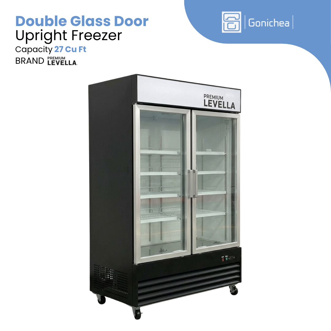 Congelador vertical con puerta de vidrio simple de 11,6 pies cúbicos Premium Levella®, color negro.