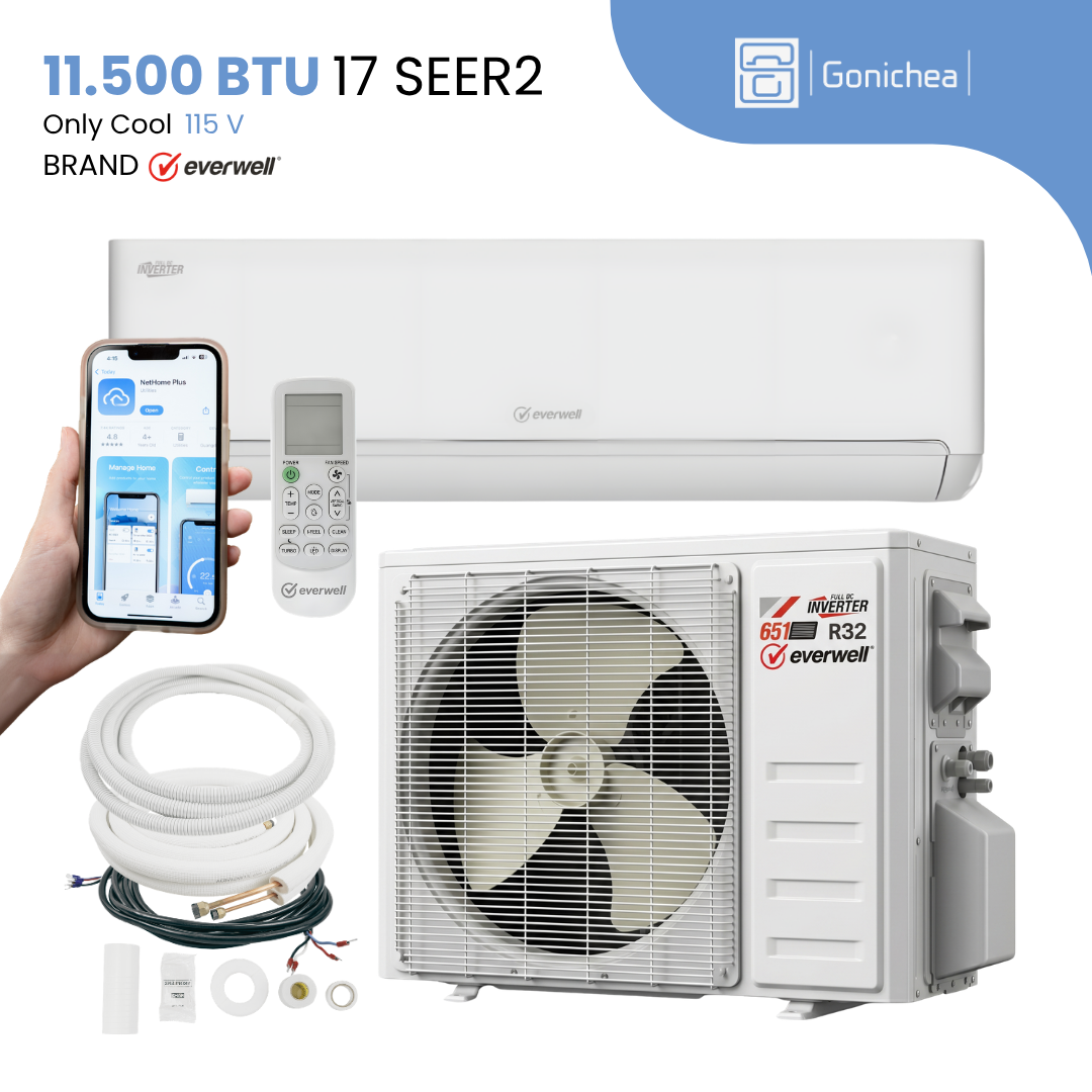 Everwell® 11,500 BTU 17 SEER2 Ductless Mini-Split Inverter Air Conditioner Only Cold System Full Set 115V.