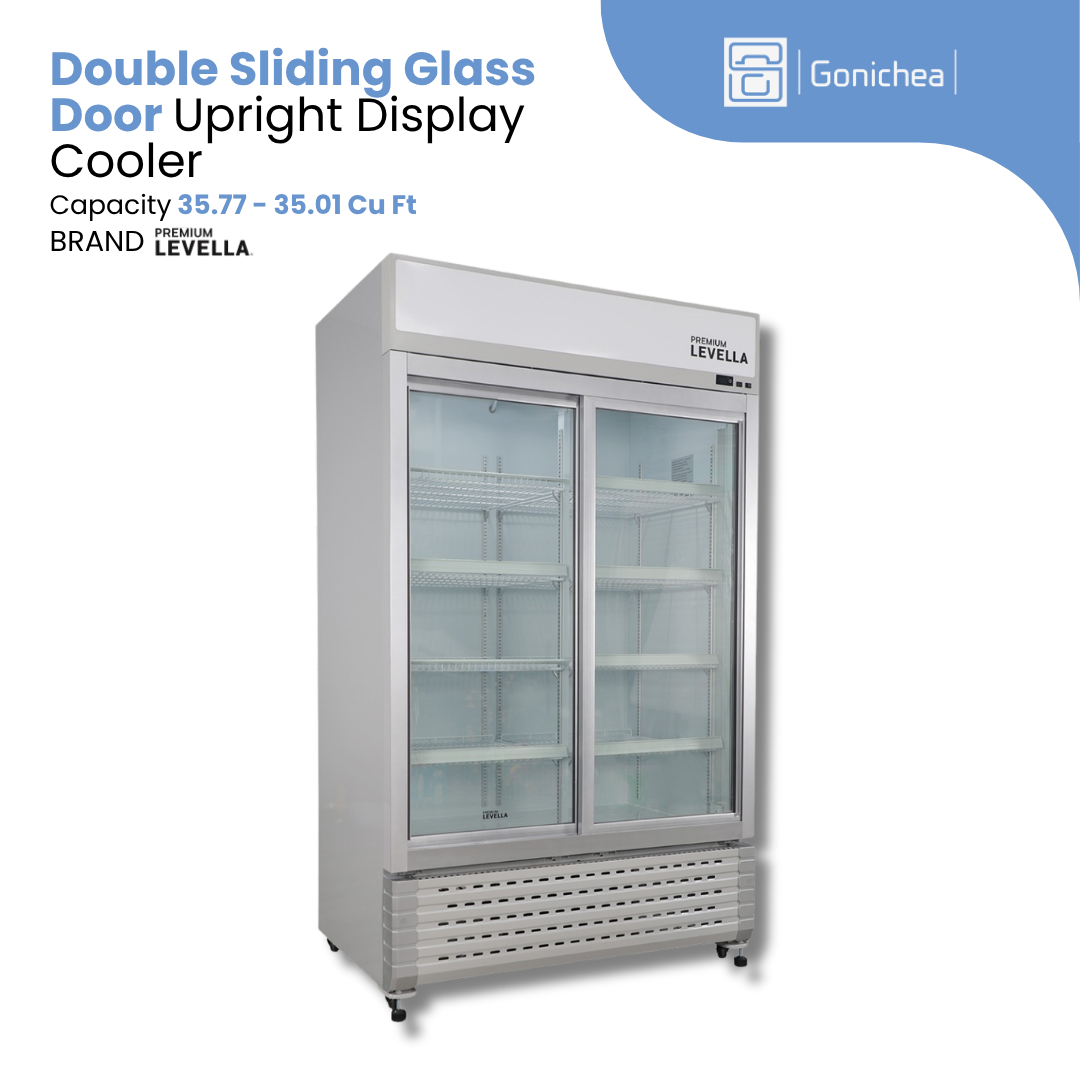 PREMIUM LEVELLA® 35.77 / 35.01 Cu. Ft. Double Sliding Glass Door Upright Display Cooler. Merchandiser Refrigerator - Silver | Residential/Commercial.