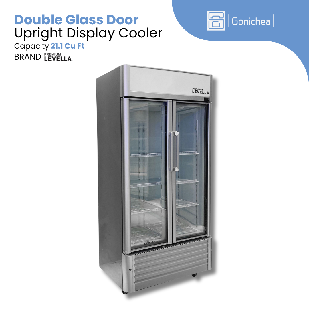PREMIUM LEVELLA® 21.1 Cu. Ft. Double Glass Door Upright Display Cooler. Merchandiser Refrigerator - Silver | Residential/Commercial.