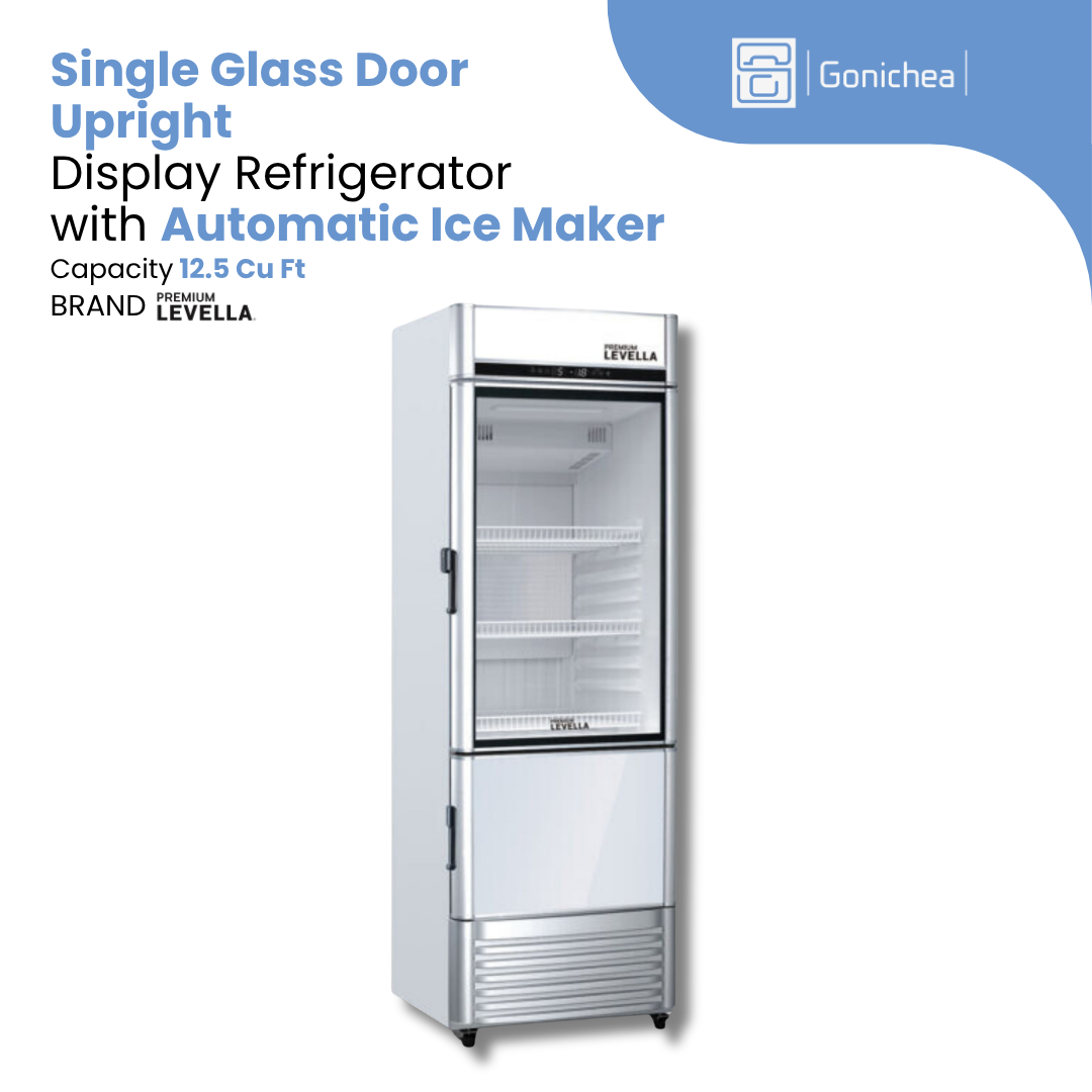 PREMIUM LEVELLA® 12.5 Cu. Ft. Single Glass Door Upright Display Cooler Refrigerator with Automatic Ice Maker - Silver | Residential/Commercial.