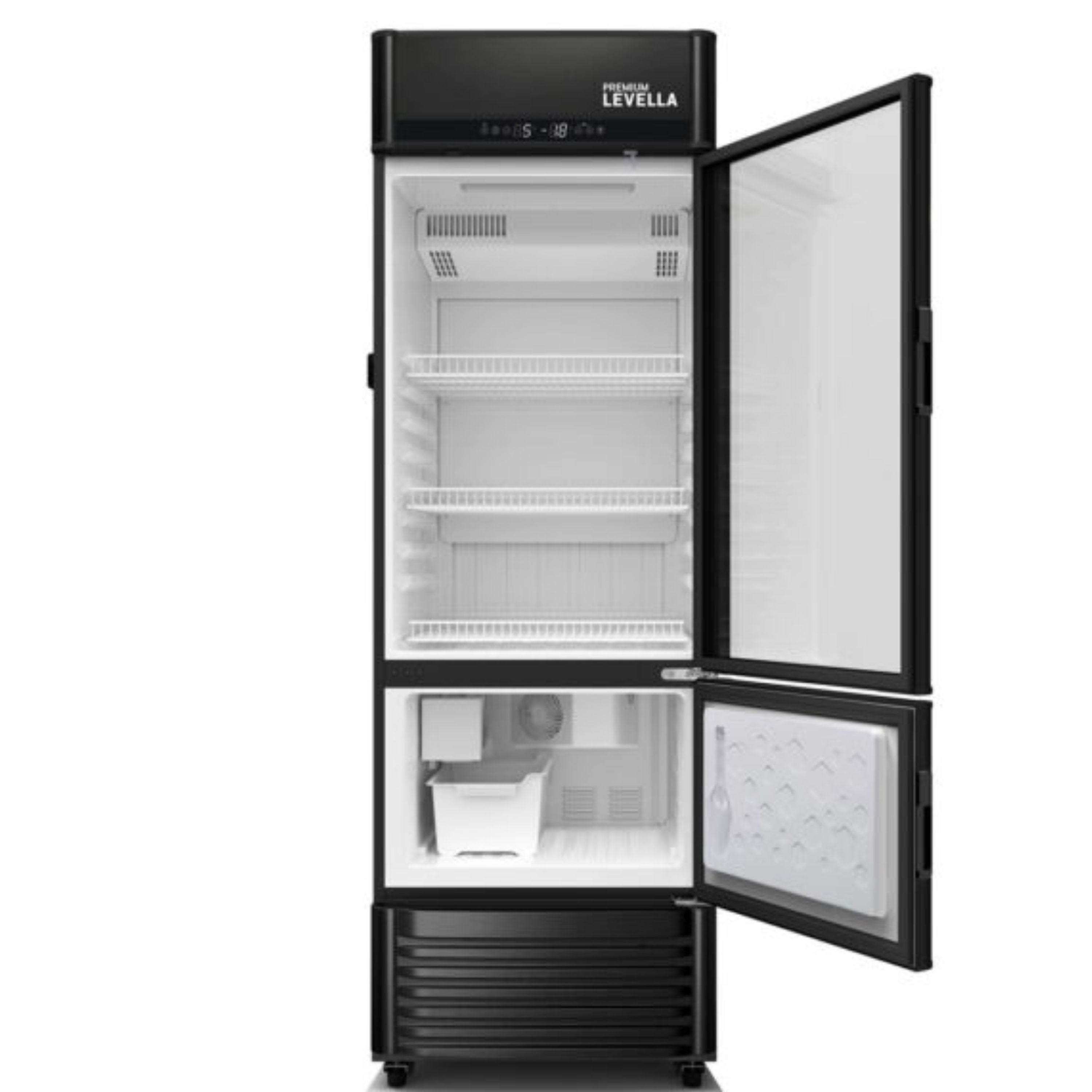 Refrigerador vertical con exhibición y puerta de vidrio simple de 12,5 pies cúbicos Premium Levella® con máquina de hielo automática.