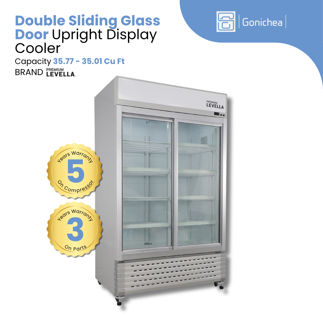 PREMIUM LEVELLA® 35.77 / 35.01 Cu. Ft. Double Sliding Glass Door Upright Display Cooler. Merchandiser Refrigerator - Silver | Residential/Commercial.