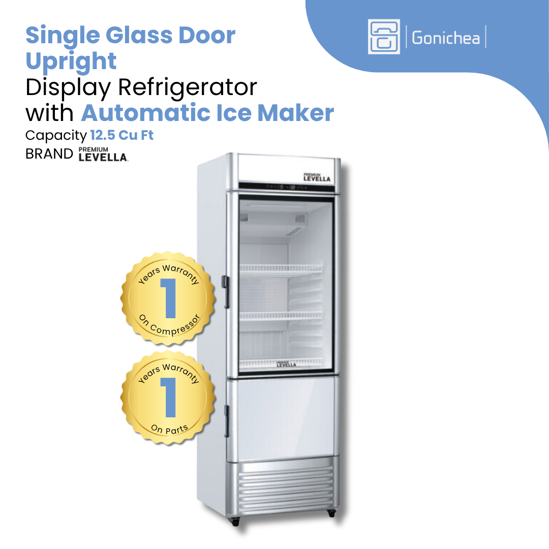 PREMIUM LEVELLA® 12.5 Cu. Ft. Single Glass Door Upright Display Cooler Refrigerator with Automatic Ice Maker - Silver | Residential/Commercial.