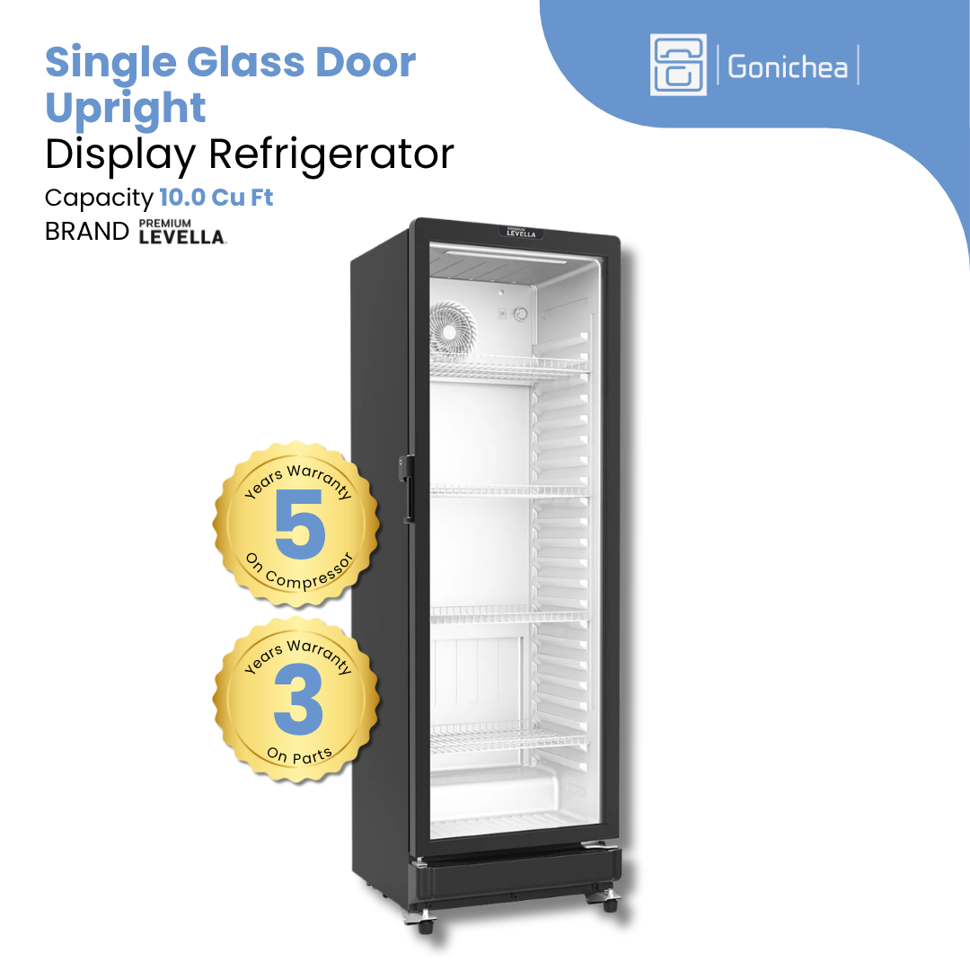 PREMIUM LEVELLA® 10.0 Cu. Ft. Single Glass Door Upright Display Refrigerator - Black | Residential/Commercial.