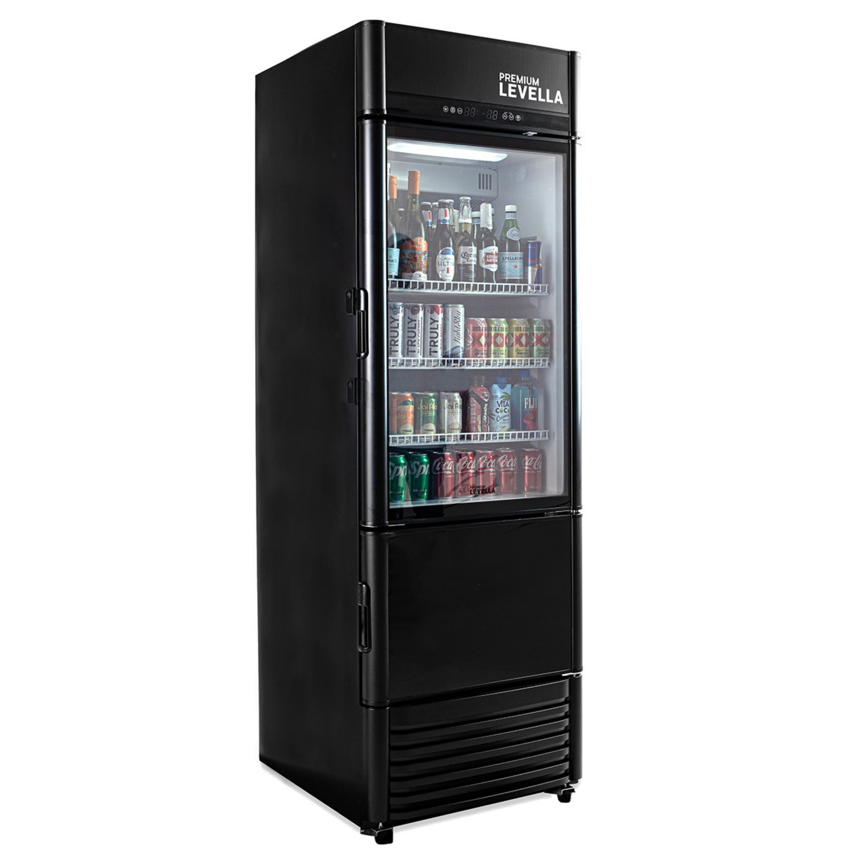 Refrigerador vertical con exhibición y puerta de vidrio simple de 12,5 pies cúbicos Premium Levella® con máquina de hielo automática.
