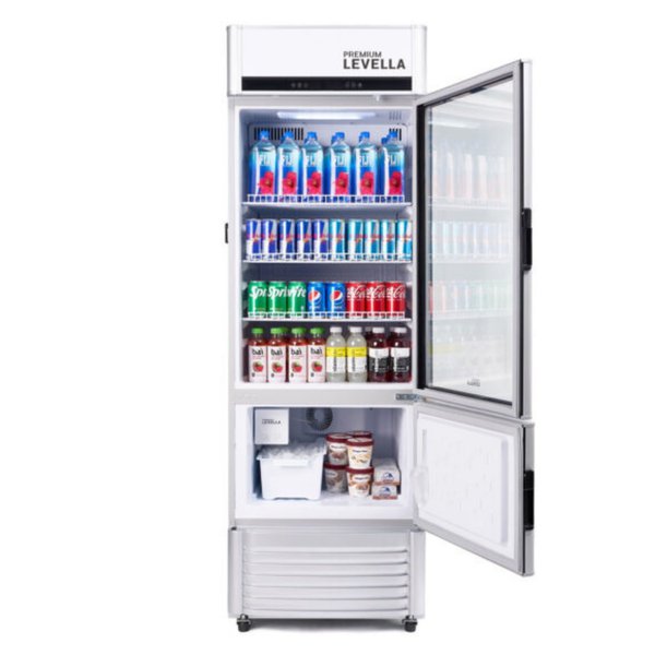 Refrigerador vertical de exhibición Premium Levella® de 12.5 pies cúbicos con puerta de vidrio simple y máquina de hielo automática