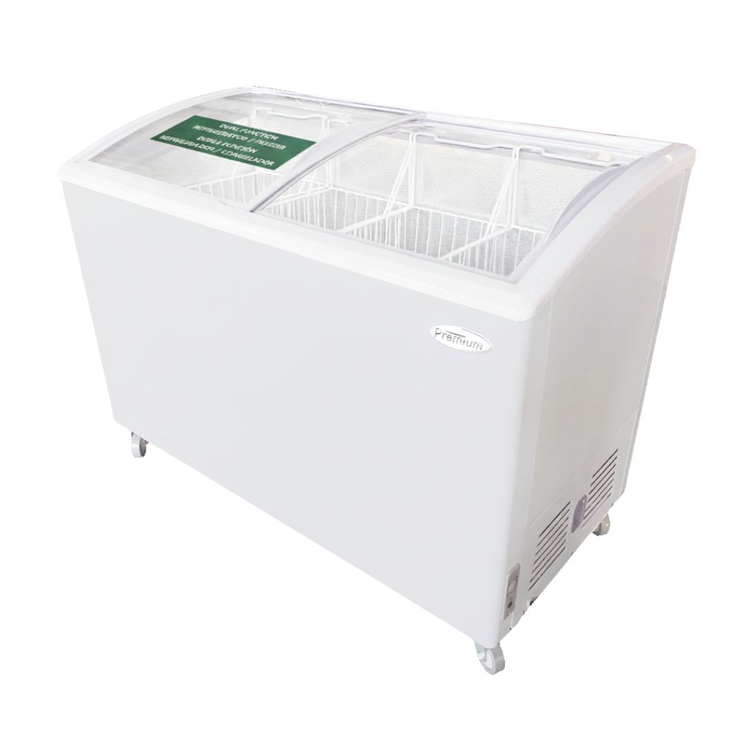 Congelador horizontal Premium Levella® de 9.5 pies cúbicos con cubierta de vidrio curvo en blanco