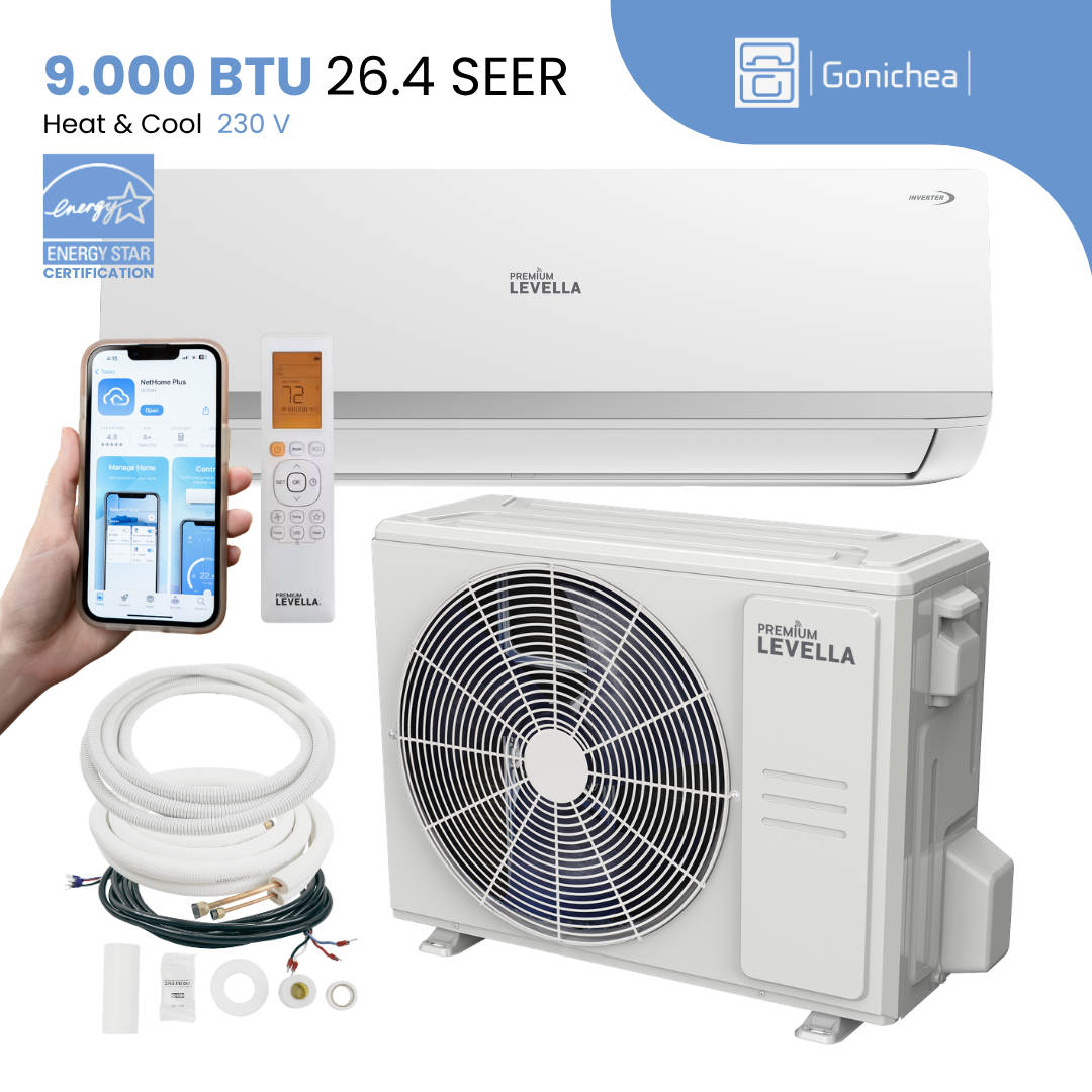 PREMIUM LEVELLA® 9,000 BTU 26.40 SEER2 Ductless Mini-Split Inverter Air Conditioner Heat Pump System Full Set 230V. WIFI Included.