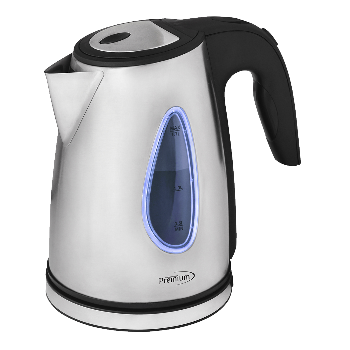 Hervidor de agua eléctrico premium de acero inoxidable de 1100 W y 1,7 L con luz LED azul y protección contra ebullición en seco.
