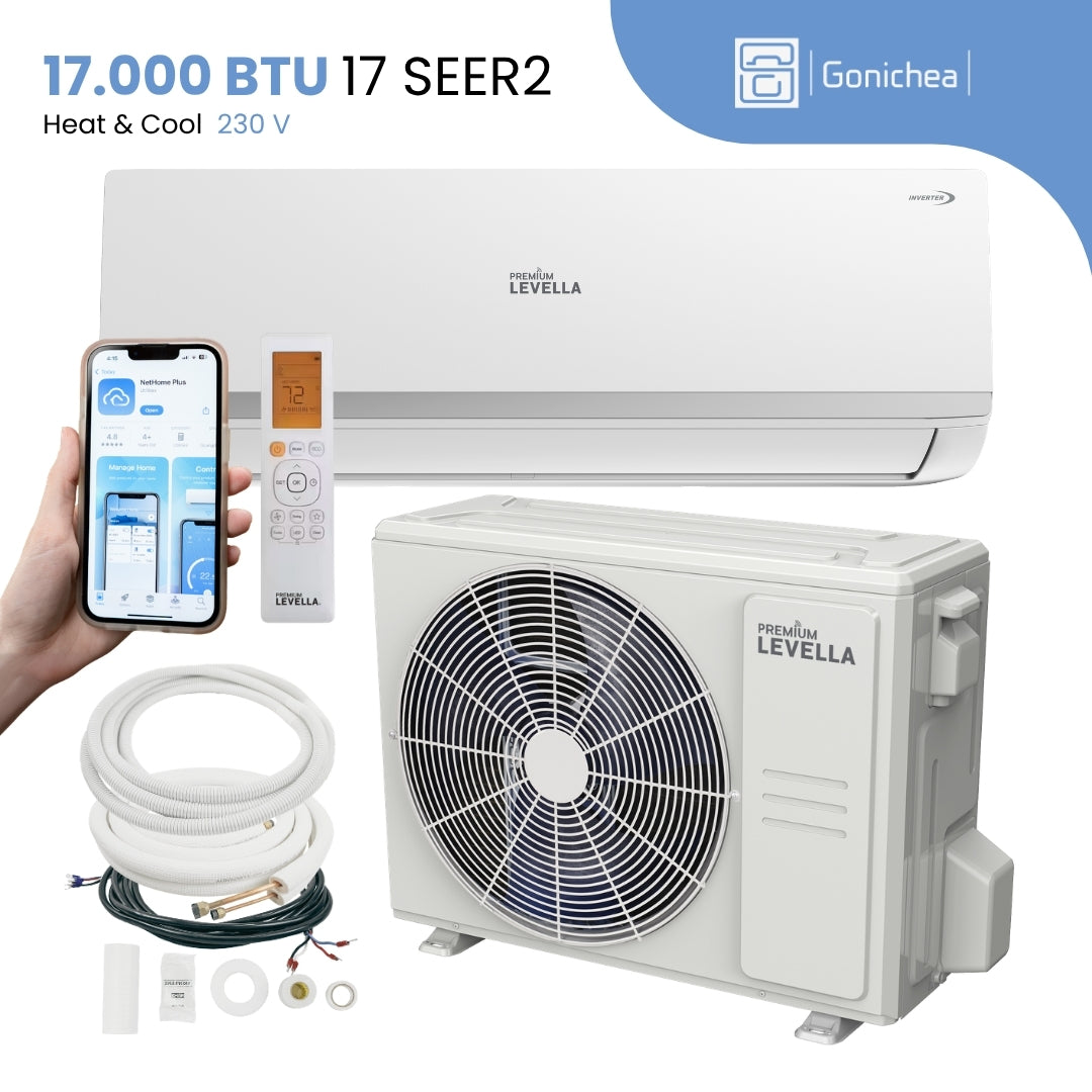 Sistema completo de aire acondicionado con bomba de calor Inverter mini-split sin ductos Premium Levella® de 18,000 BTU y 17 SEER2 de 230 V.