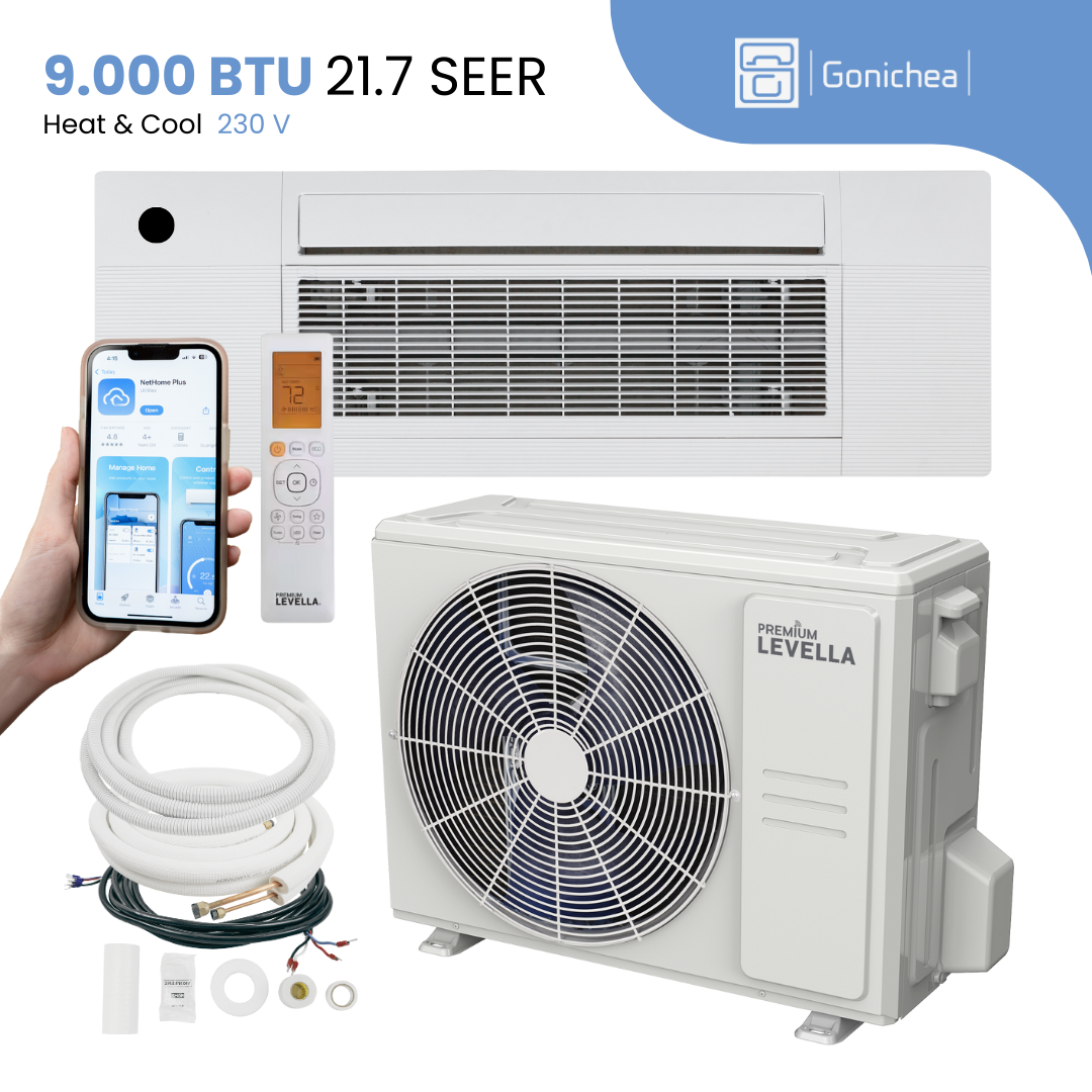 Sistema completo de aire acondicionado con bomba de calor Inverter mini-split sin ductos Premium Levella® de 9,000 BTU y 21.7 SEER2, 230 V. Incluye WIFI.