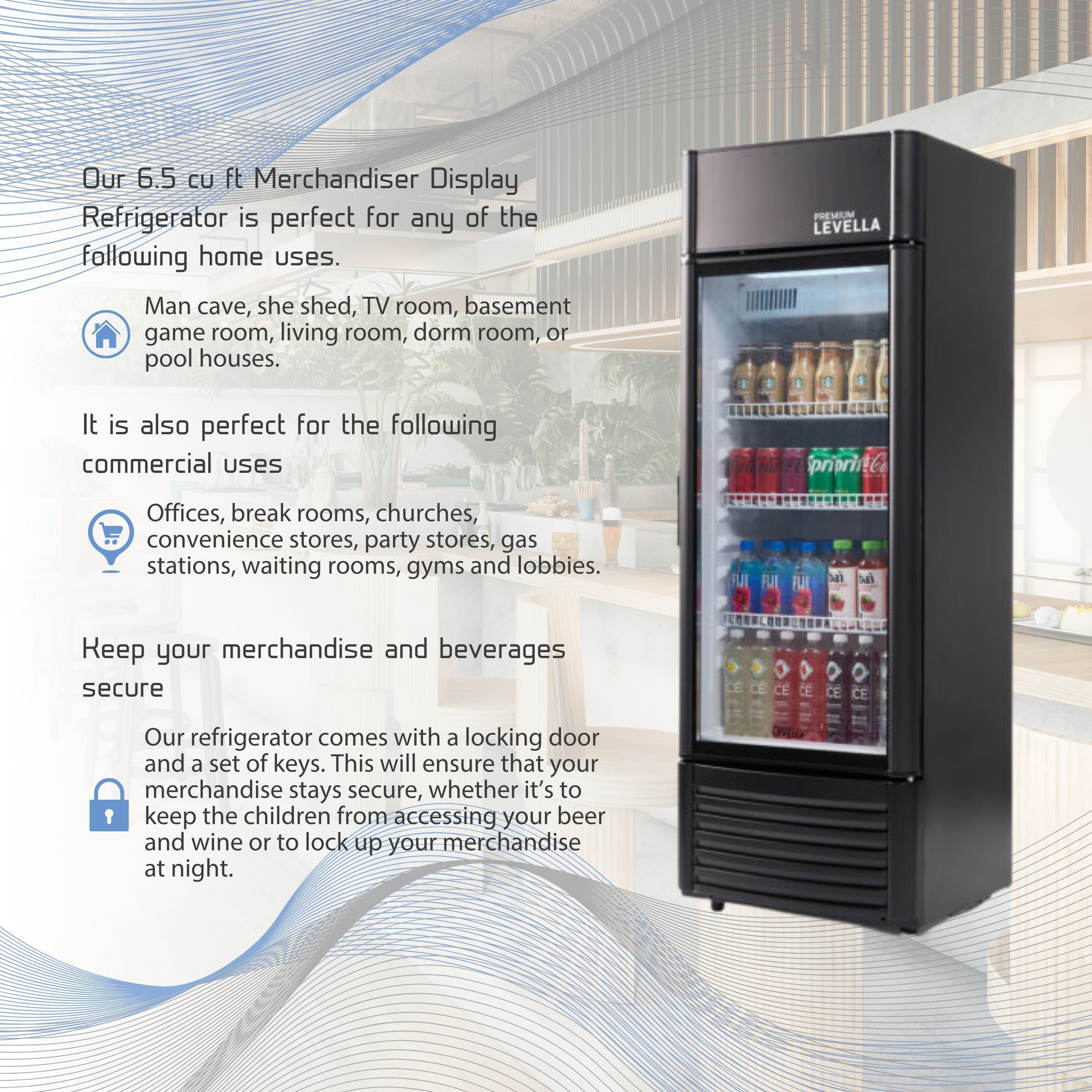 Refrigerador vertical de exhibición Premium Levella® de 6.5 pies cúbicos con puerta de vidrio simple. Refrigerador expositor.