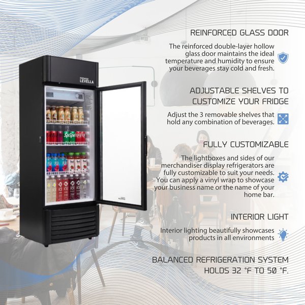 Refrigerador vertical de exhibición Premium Levella® de 6.5 pies cúbicos con puerta de vidrio simple. Refrigerador expositor.