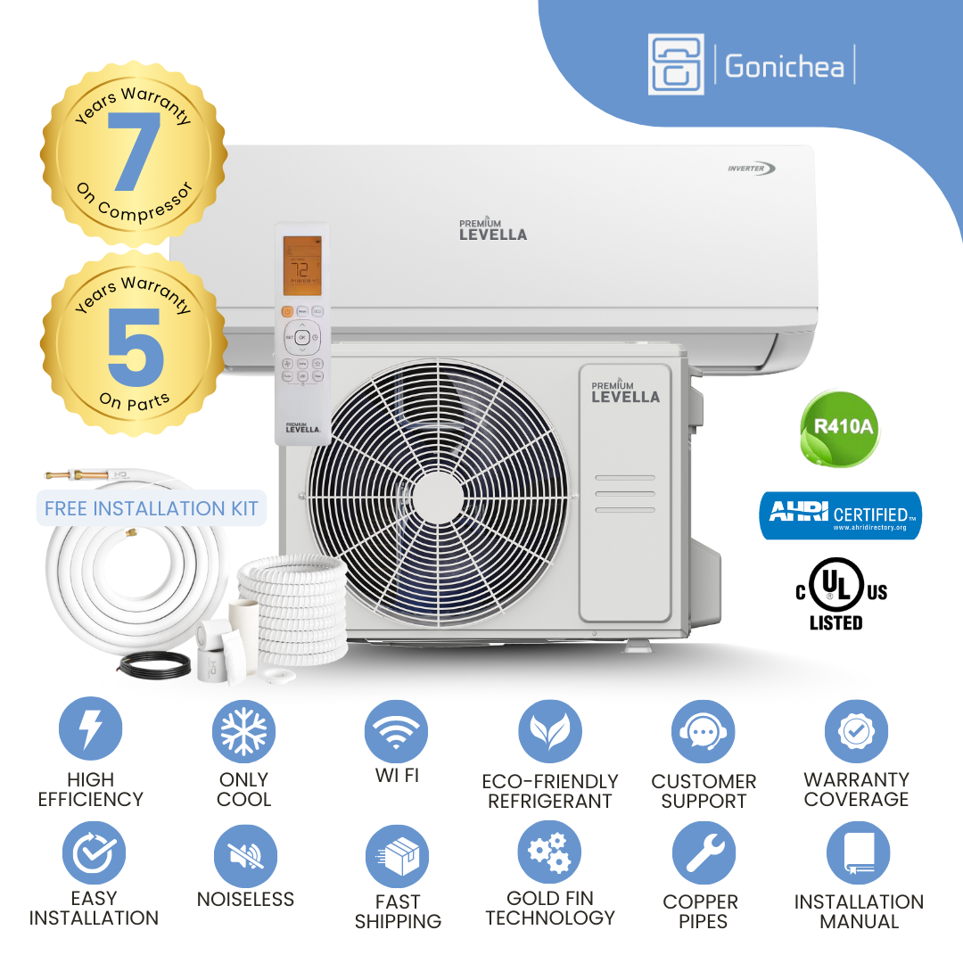 Aire acondicionado minisplit inversor Premium Levella® de 12 000 BTU y 21,5 SEER2 sin ductos, solo sistema de frío, conjunto completo de 230 V. WIFI incluido.