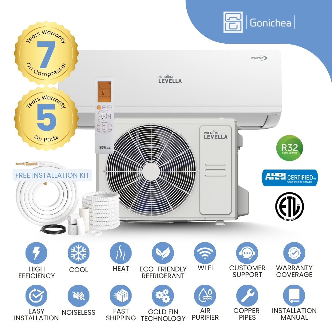 Sistema completo de aire acondicionado con bomba de calor Inverter mini-split sin ductos Premium Levella® de 18,000 BTU y 17 SEER2 de 230 V.