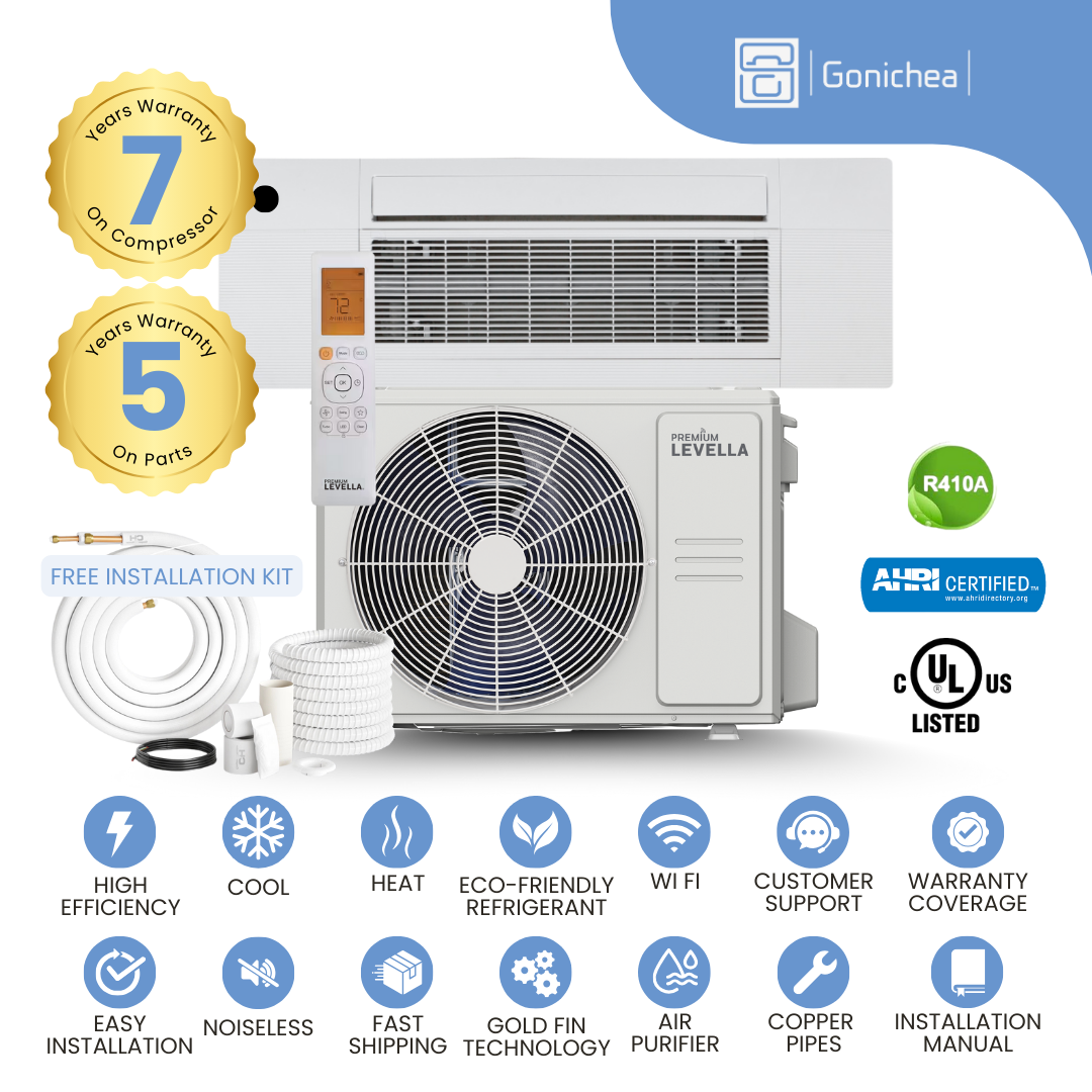 Sistema completo de aire acondicionado con bomba de calor Inverter mini-split sin ductos Premium Levella® de 9,000 BTU y 21.7 SEER2, 230 V. Incluye WIFI.
