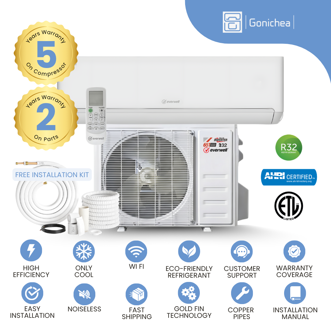 Aire acondicionado minisplit inversor Premium Levella® de 12 000 BTU, 16 SEER2, sin ductos, solo sistema de frío, conjunto completo de 115 V. WIFI incluido.