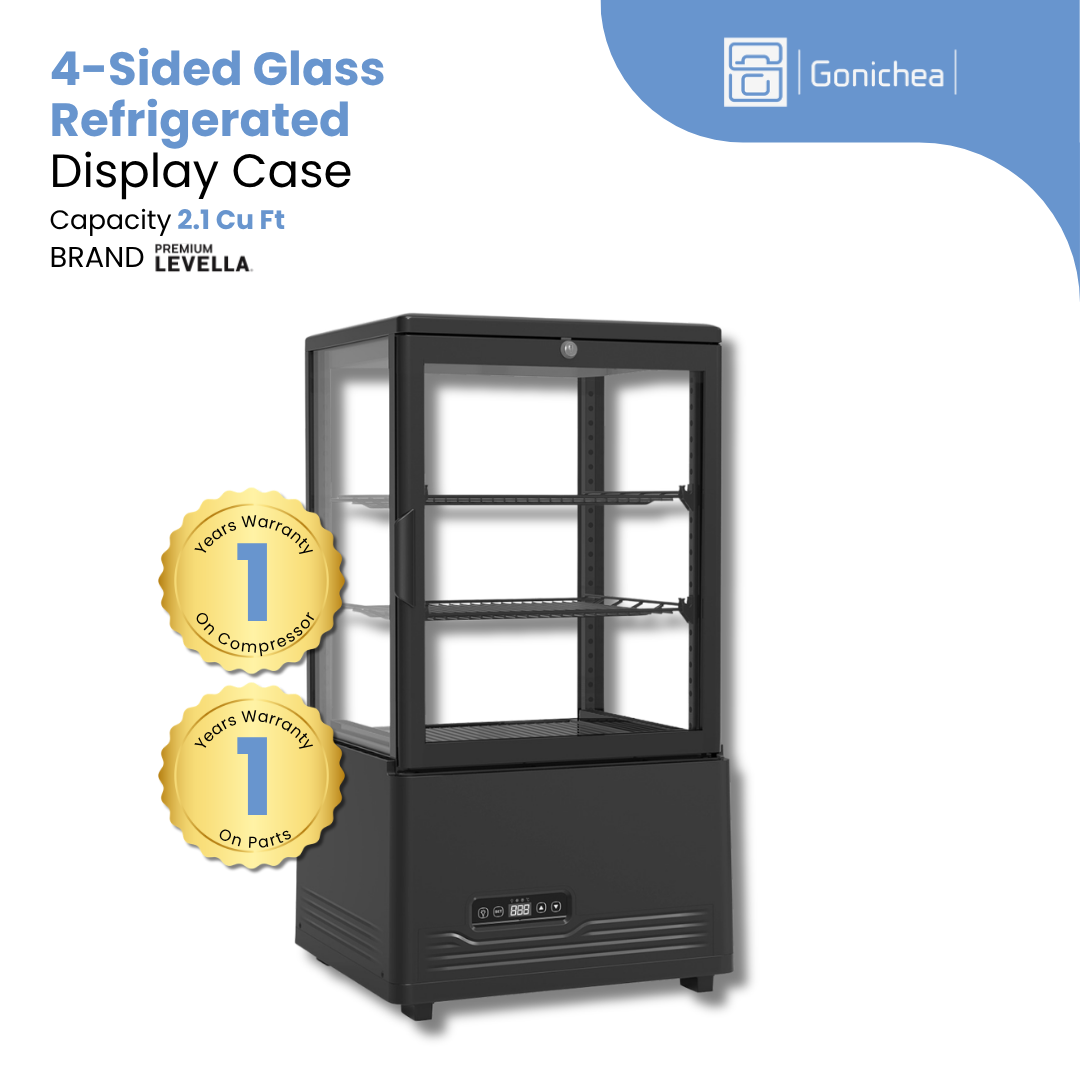PREMIUM LEVELLA® 2.1 ft³ 4-Sided Glass Refrigerated Display Case - Black | Commercial.