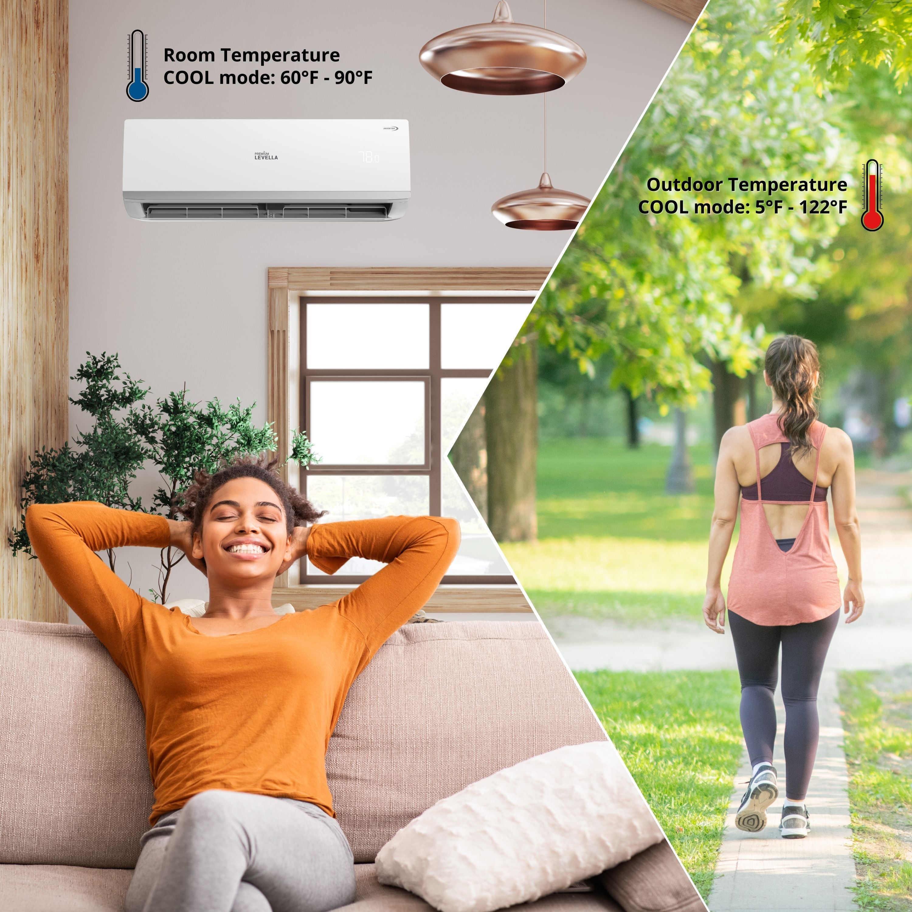 Premium Levella® 12,000 BTU 16 SEER2 Ductless Mini-Split Inverter Air Conditioner Only Cold System Full Set 115V. WIFI Included.
