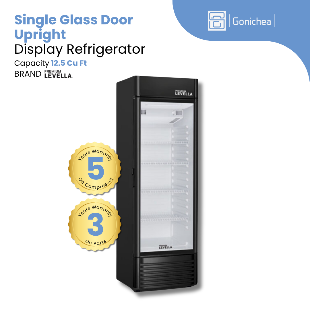 PREMIUM LEVELLA®  12.5 Cu. Ft. Single Glass Door Upright Display Refrigerator. Merchandiser Refrigerator - Black | Residential/Commercial.