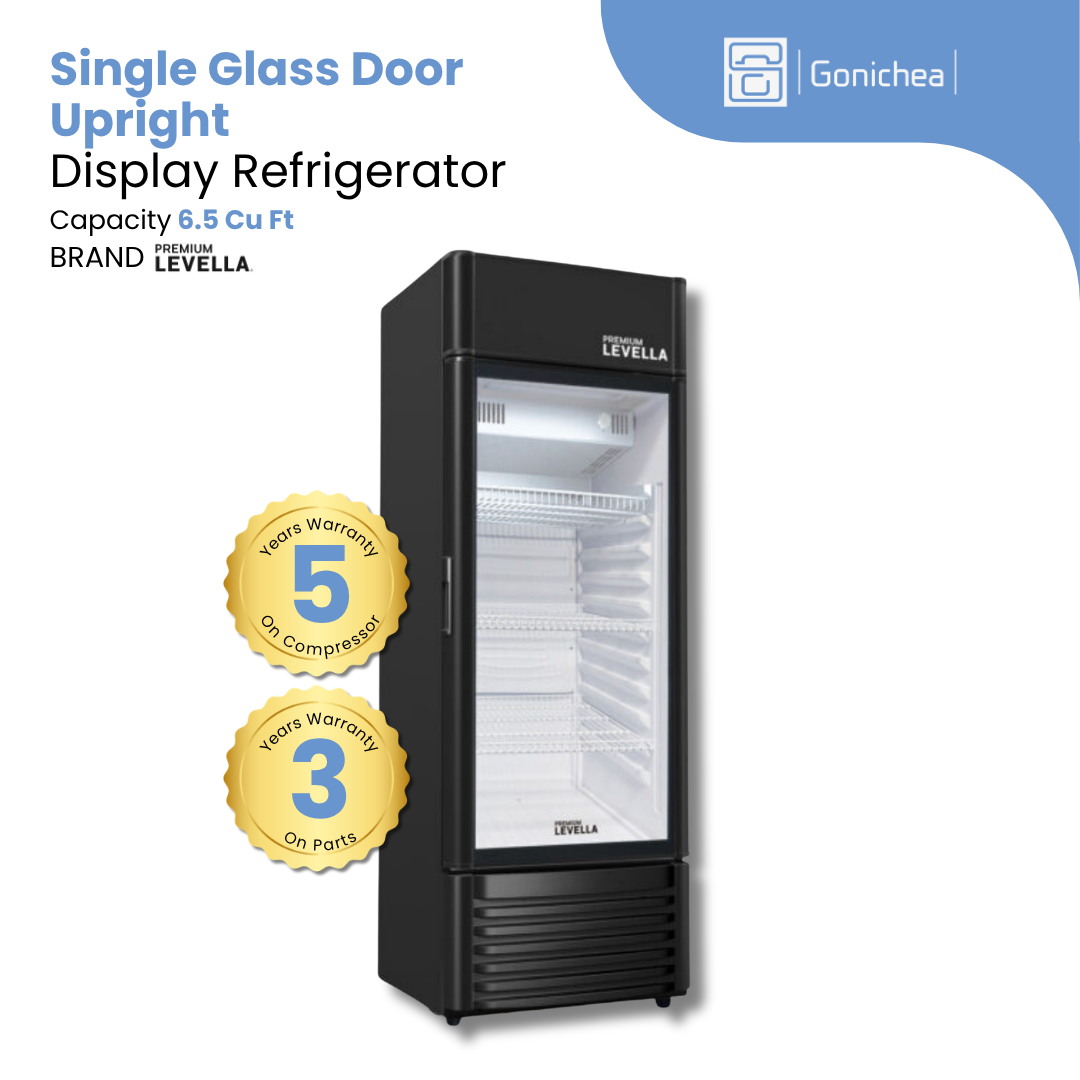 PREMIUM LEVELLA®  6.5 Cu. Ft. Single Glass Door Upright Display Refrigerator. Merchandiser Refrigerator - Black | Residential/Commercial.