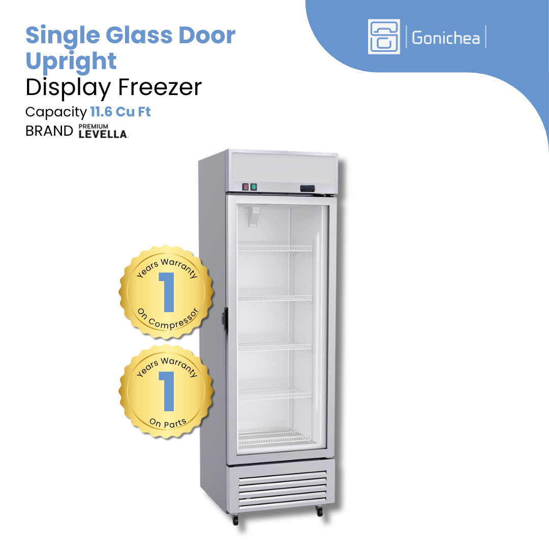 Premium Levella® 11.6 Cu. Ft. Single Glass Door Upright Display Freezer. Silver