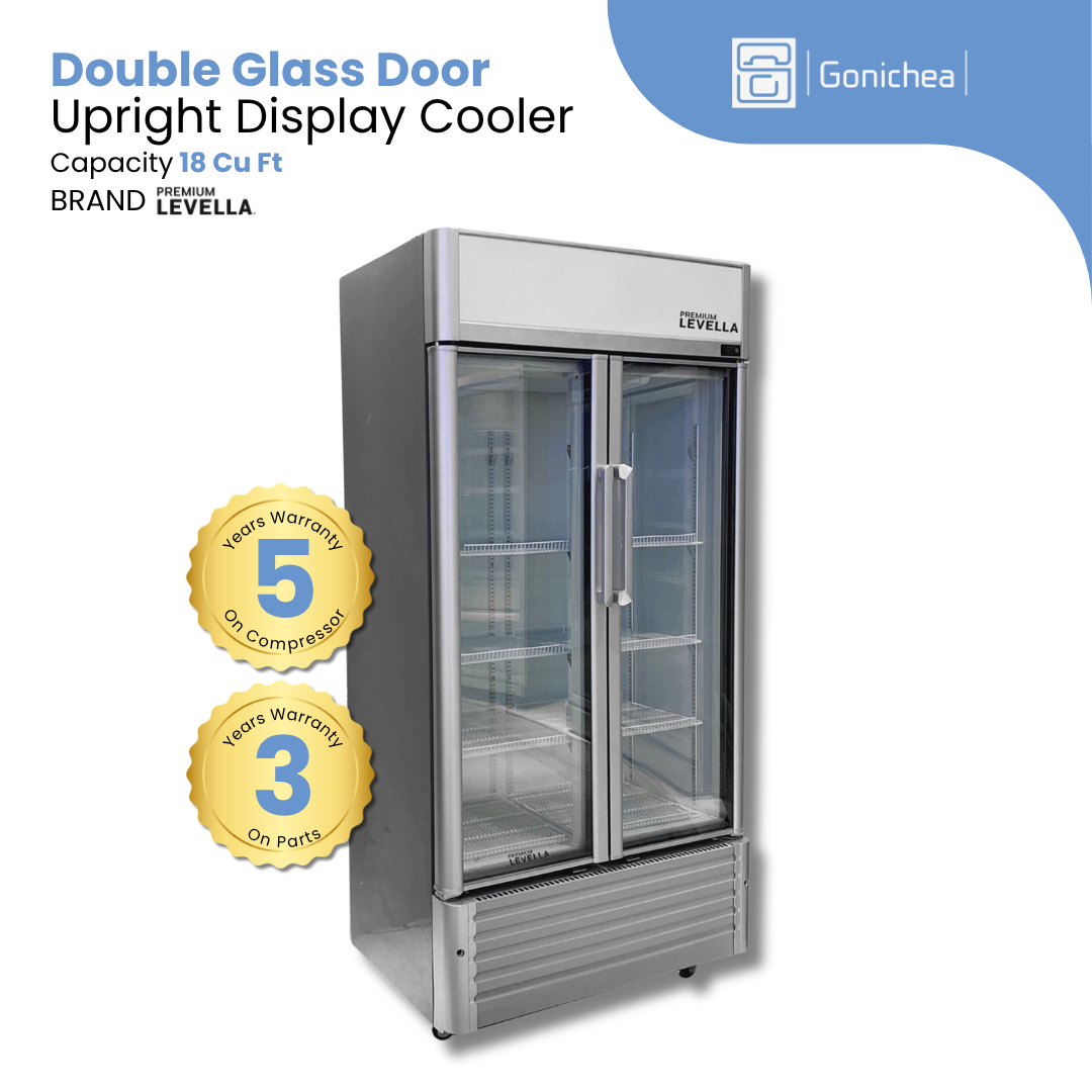 PREMIUM LEVELLA® 18.0 Cu. Ft. Double Glass Door Upright Display Cooler. Merchandiser Refrigerator - Silver | Residential/Commercial.