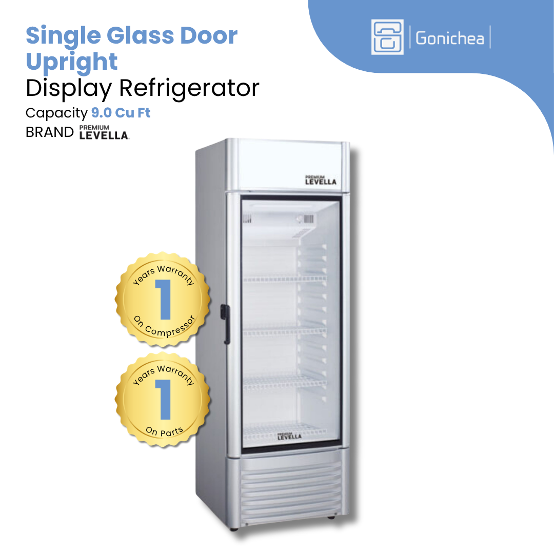 PREMIUM LEVELLA®  9.0 cu. ft. Single Glass Door Upright Display Refrigerator. Merchandiser Refrigerator - Silver | Residential/Commercial.