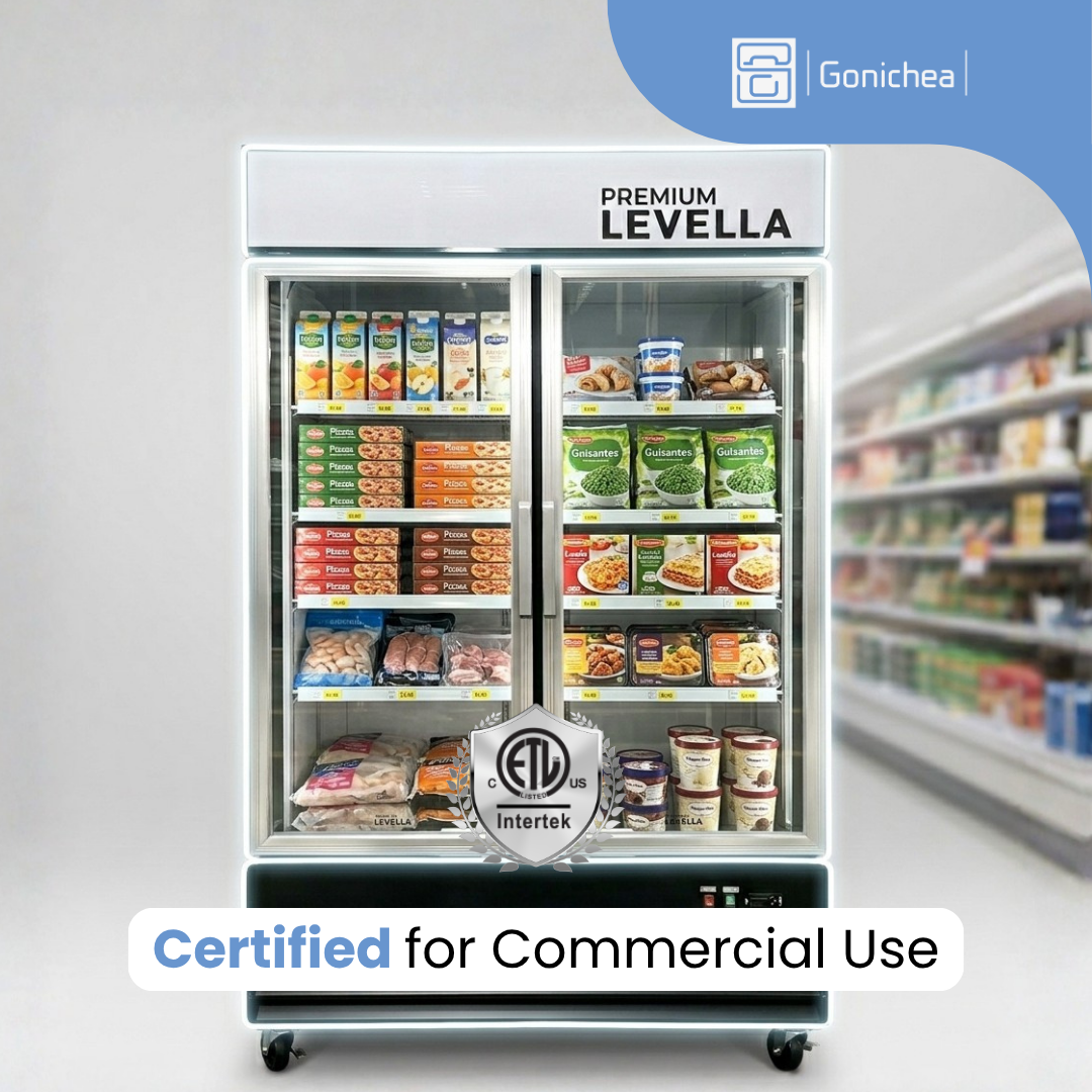 Congelador vertical con puerta de vidrio simple de 11,6 pies cúbicos Premium Levella®, color negro.