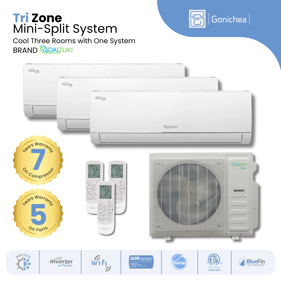 Aire acondicionado minisplit sin conductos Tri Zone 23.5 SEER2, con inversor, wifi y bomba de calor