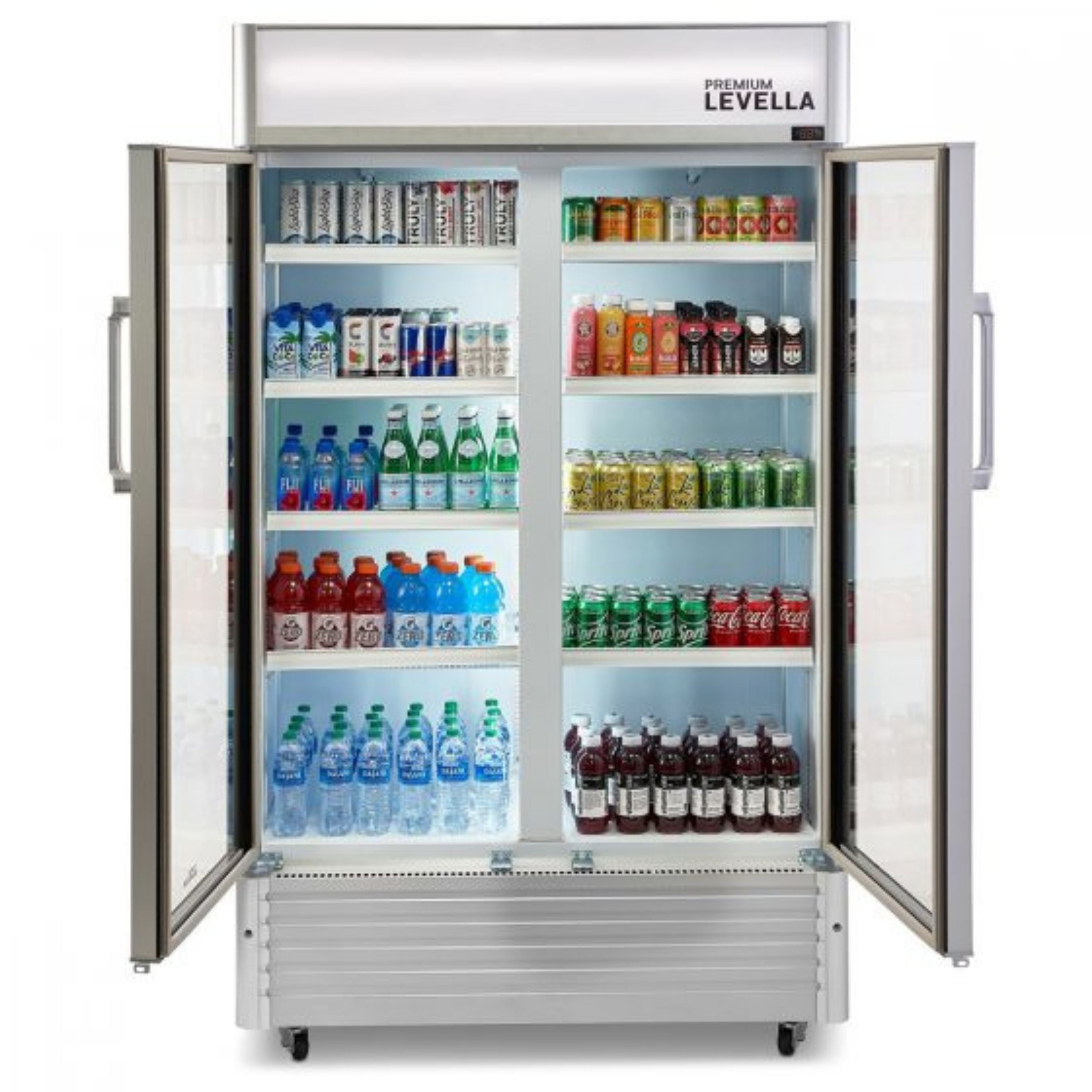 Premium Levella®  29 Cu. Ft. Double Glass Door Upright Display Cooler. Merchandiser Refrigerator.