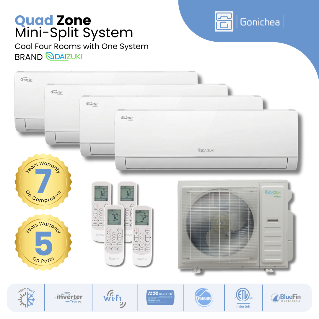 Aire acondicionado minisplit sin conductos, cuatro zonas, 23,1 SEER2, inversor, wifi, bomba de calor