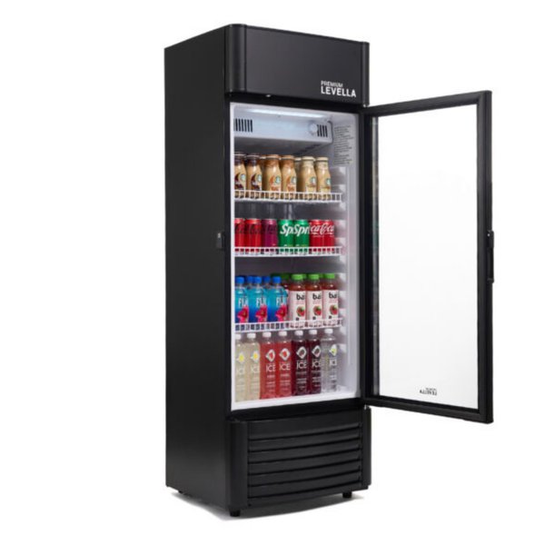 Refrigerador vertical de exhibición Premium Levella® de 6.5 pies cúbicos con puerta de vidrio simple. Refrigerador expositor.