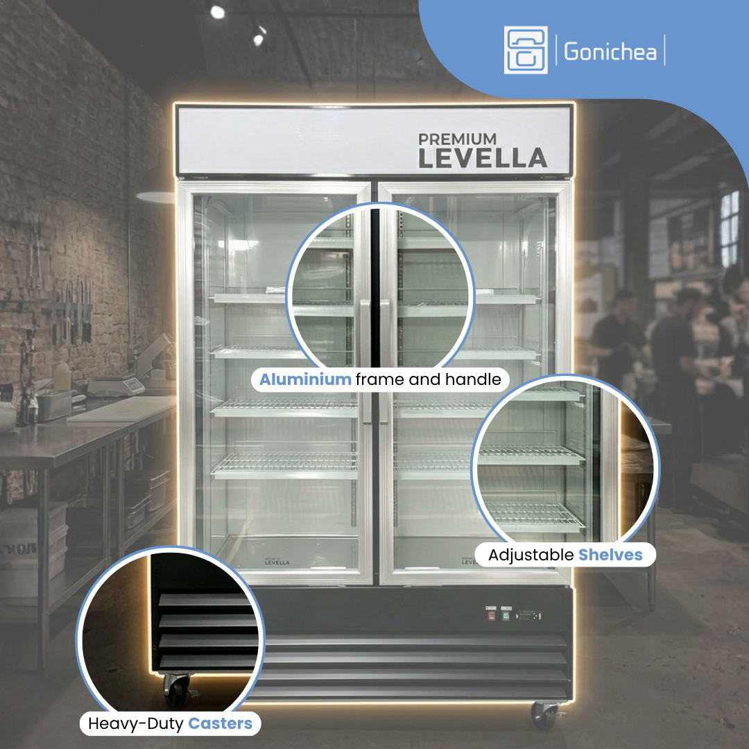Congelador vertical con puerta de vidrio simple de 11,6 pies cúbicos Premium Levella®, color negro.
