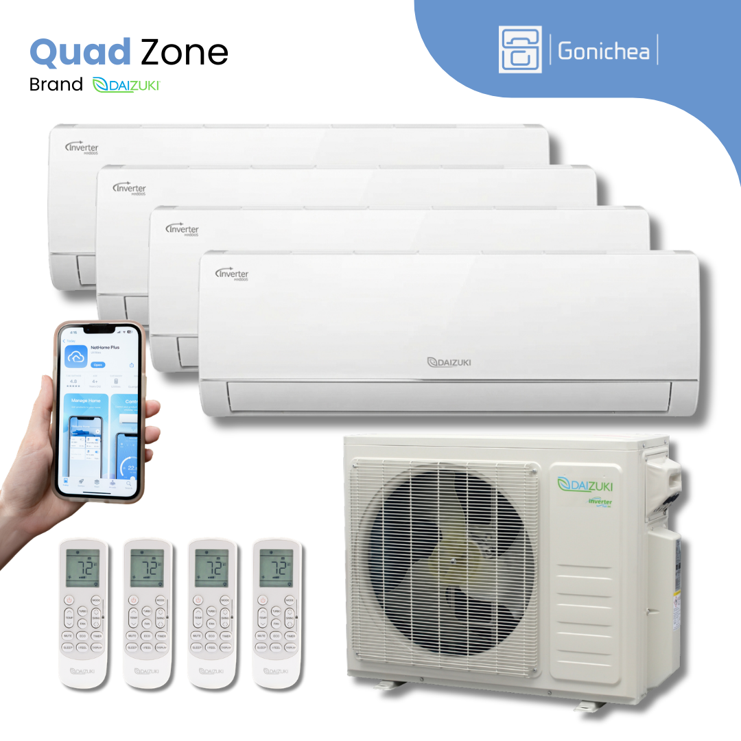 Aire acondicionado minisplit sin conductos, cuatro zonas, 23,1 SEER2, inversor, wifi, bomba de calor