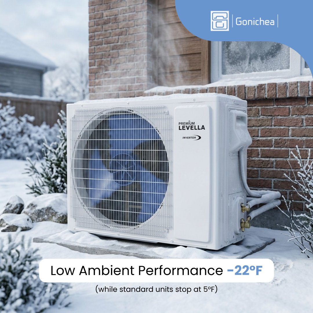 Sistema completo de aire acondicionado con bomba de calor Inverter mini-split sin ductos Premium Levella® de 18,000 BTU y 22 SEER2, 230 V. Incluye WIFI.
