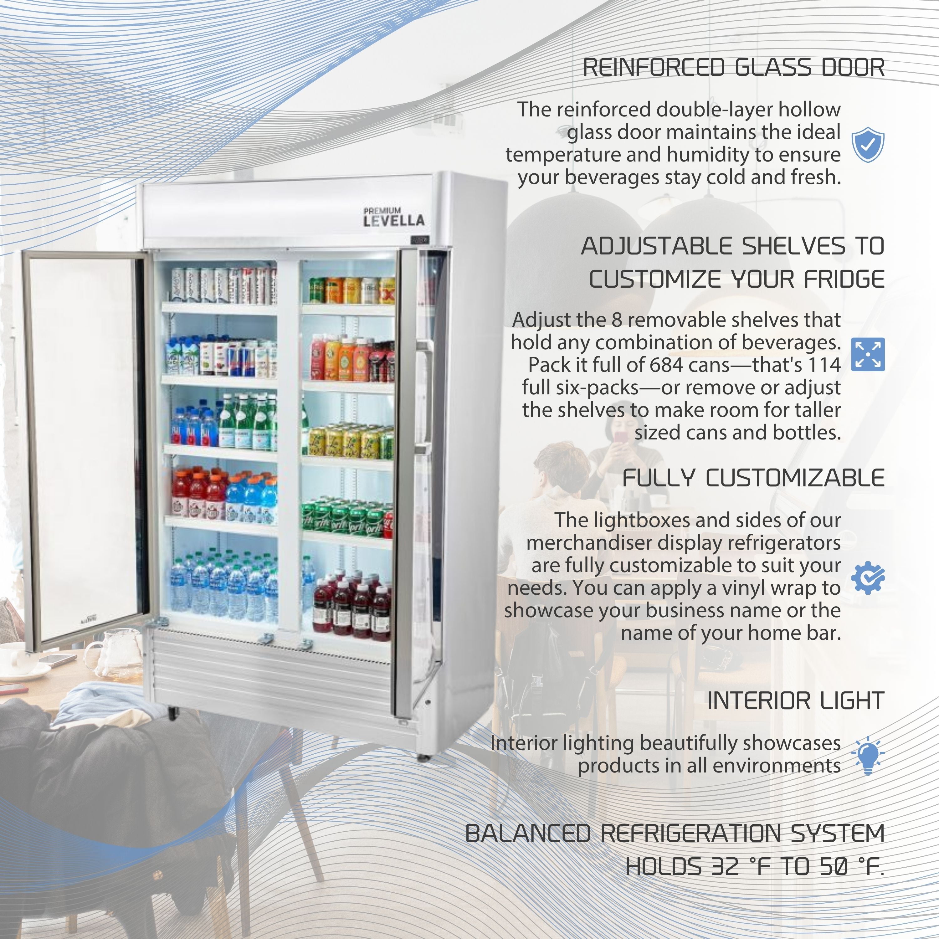 Premium Levella®  21 Cu. Ft. Vertical Refrigerator Display. Merchandiser Refrigerator.