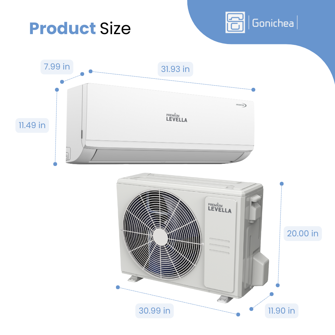 Aire acondicionado minisplit inversor Premium Levella® de 12 000 BTU, 16 SEER2, sin ductos, solo sistema de frío, conjunto completo de 115 V. WIFI incluido.