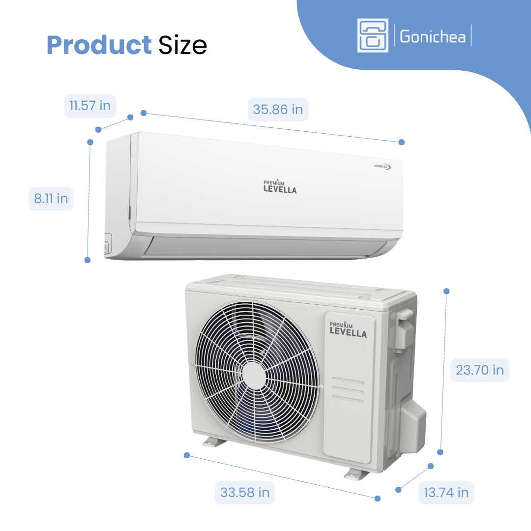 Sistema completo de aire acondicionado con bomba de calor Inverter mini-split sin ductos Premium Levella® de 18,000 BTU y 17 SEER2 de 230 V.