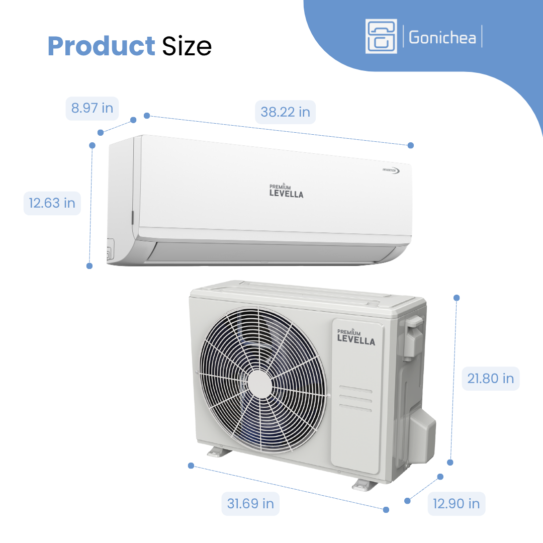 Aire acondicionado minisplit inversor Premium Levella® de 12 000 BTU y 21,5 SEER2 sin ductos, solo sistema de frío, conjunto completo de 230 V. WIFI incluido.