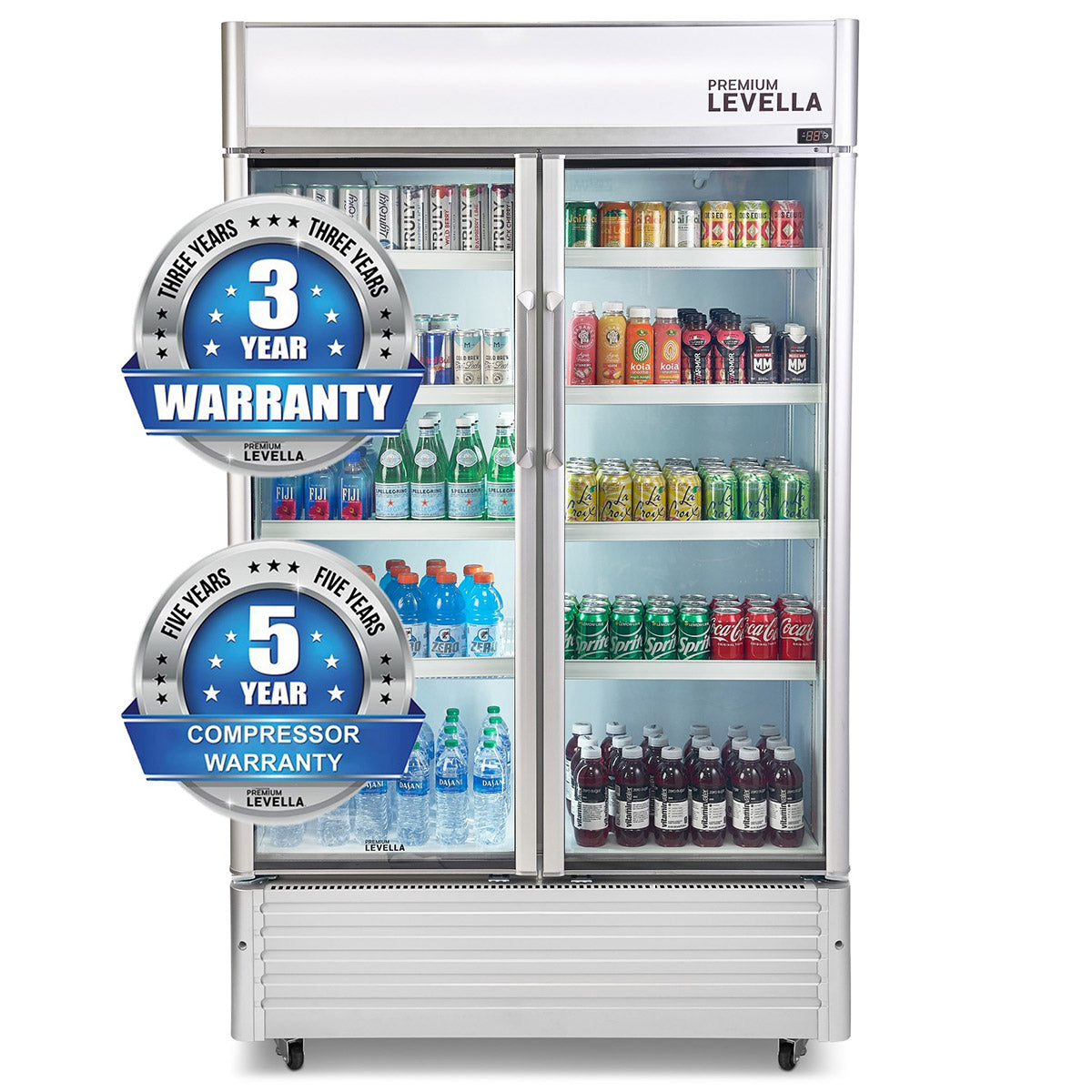 Refrigerador vertical de exhibición Premium Levella® de 21 pies cúbicos. Refrigerador expositor.