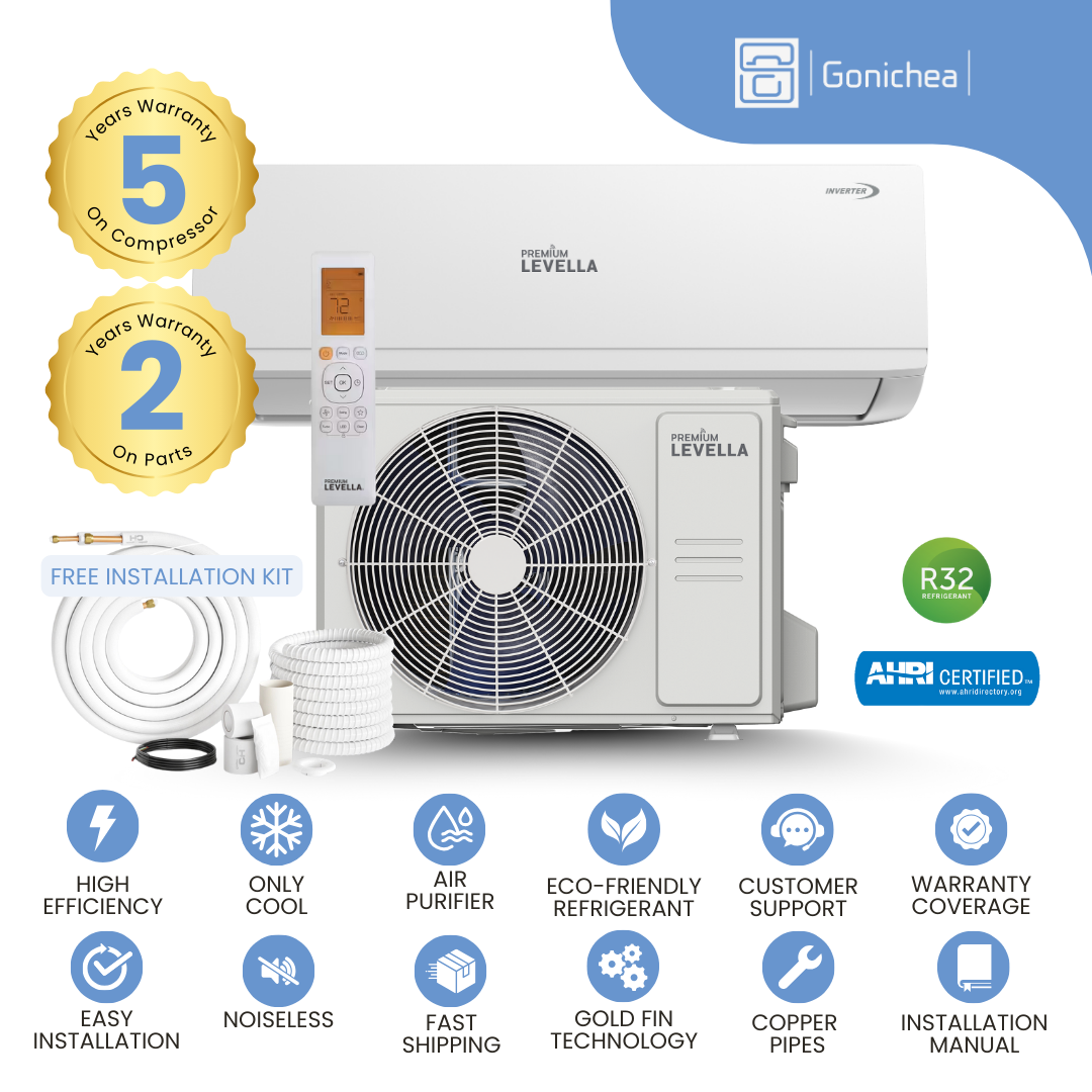 Sistema completo de aire acondicionado con bomba de calor Inverter mini-split sin ductos Premium Levella® de 18,000 BTU y 19.5 SEER2, 230 V. Incluye WIFI.