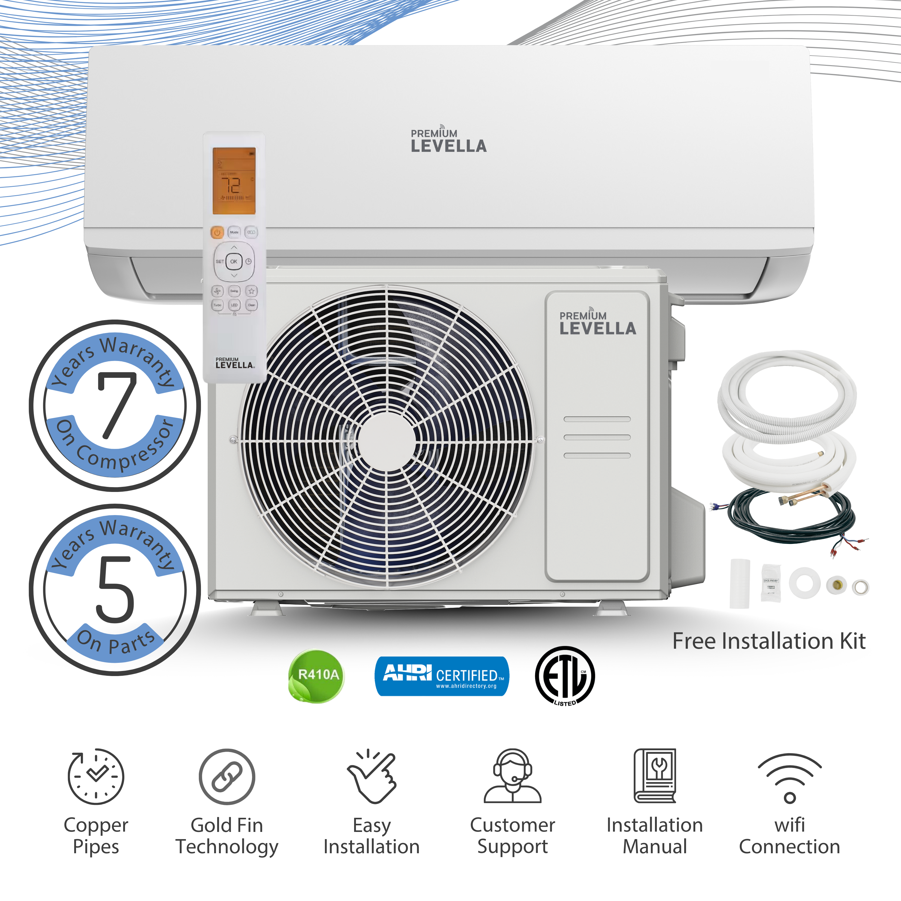 Premium Levella® 12,000 BTU 16 SEER2 Ductless Mini-Split Inverter Air Conditioner Only Cold System Full Set 115V. WIFI Included.