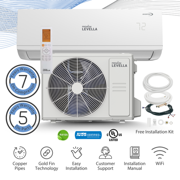 Premium Levella® 12,000 BTU 21 SEER2 Ductless Mini-Split Inverter Air Conditioner Only Cold System Full Set 110V. WIFI Included.